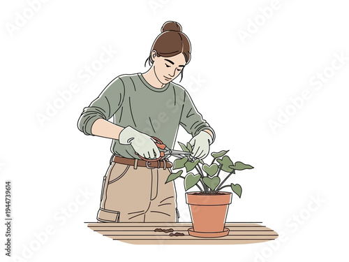 Woman tending to a potted plant with gardening shears.