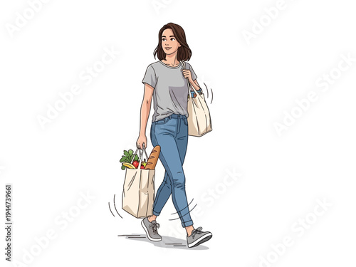 Woman walking with reusable grocery bags full of fresh produce.