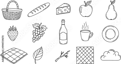 Collection of hand-drawn picnic elements including food, drinks, and accessories