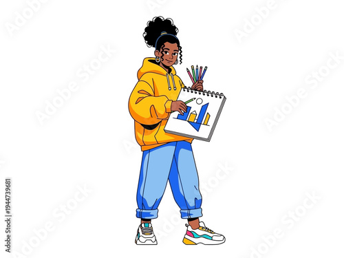 Young artist holding a sketchbook and drawing.