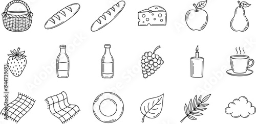 Collection of hand-drawn picnic and outdoor elements in a simple line art style