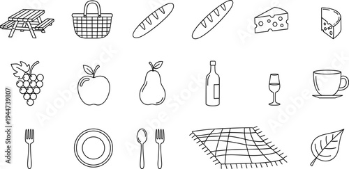 Collection of simple line art icons representing picnic essentials and food items