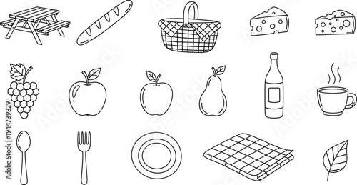 Hand-drawn picnic elements including food, basket, and table in a simple line art style