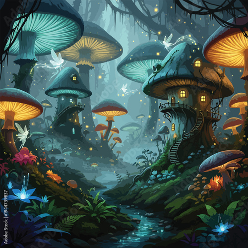 Glowing mushrooms illuminate a mystical forest scene with fairies and sparkling fireflies at dusk.