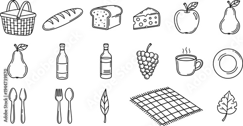 Collection of hand-drawn picnic and food icons for a delightful outdoor meal