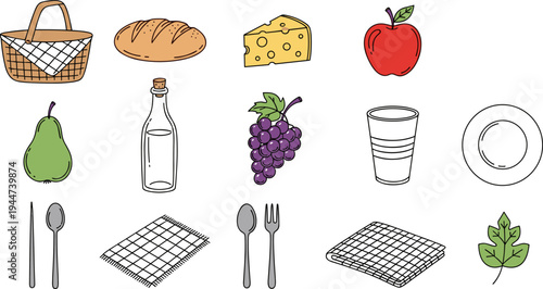 Hand-drawn picnic essentials including food, drinks, and tableware for outdoor dining