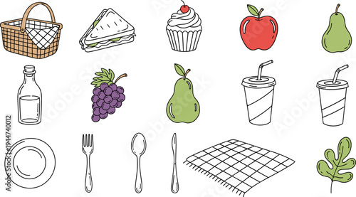 Hand-drawn picnic essentials including food, drinks, and basket for outdoor dining