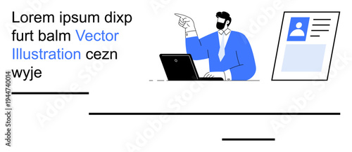 Business, identity management, communication, presentation, digital profiles, teamwork. Man in formal wear pointing near a laptop and profile card. Business and identity management concept