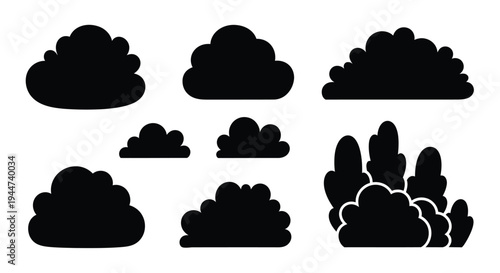 Collection of fluffy dark cloud shapes in a minimalist silhouette