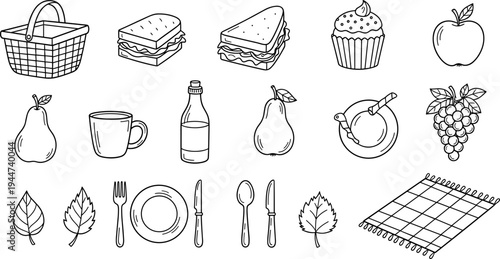 Collection of hand-drawn picnic and food items for outdoor dining and summer activities