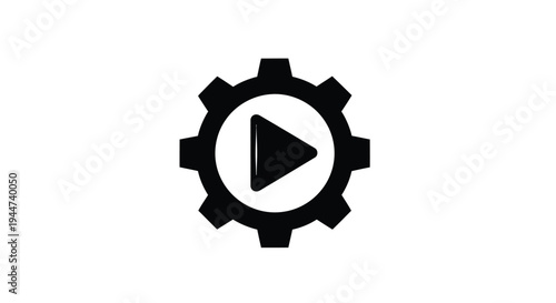 A black gear icon with a play button inside a bold silhouette