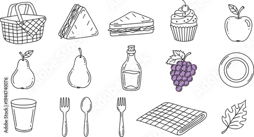 Collection of hand-drawn picnic elements including food, drinks, and accessories
