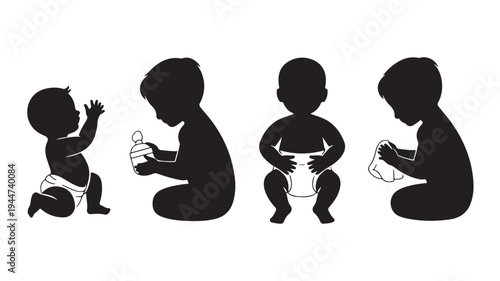 Vector Illustration Of Silhouette Babies In Different Poses For Parenting And Child Development Concept