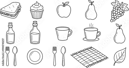 Collection of hand-drawn food and drink icons for a healthy lifestyle and meal planning
