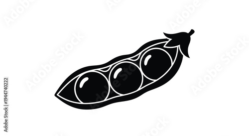 A black silhouette of a pea pod containing three peas