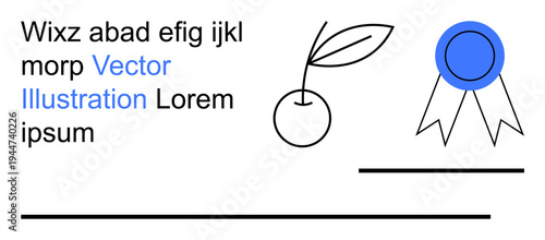 Branding, education, creative design, minimalism, conceptual art, certification. Outline cherry with leaf, award ribbon and text on white background. Branding and education concepts