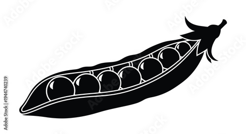 A detailed black silhouette of a pea pod with round peas inside