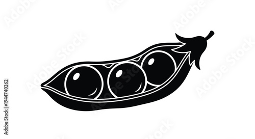 A graphic black silhouette of a pea pod with three peas inside