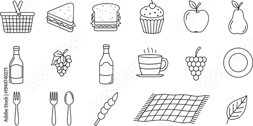 Collection of simple line art icons representing picnic items and food for outdoor enjoyment