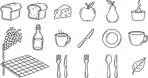 Collection of hand-drawn food and dining icons for a simple and clean design aesthetic