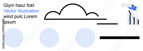 Cloud computing, data storage, digital transformation, business analytics, technology, innovation. A cloud symbol, horizontal lines circles and a character on a chart. Cloud computing and data