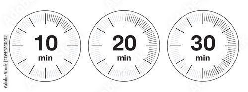 Stopwatch vector icon set, flat line countdown timers, 10 to 30 minutes, clock symbols, business concept, time management vector illustration