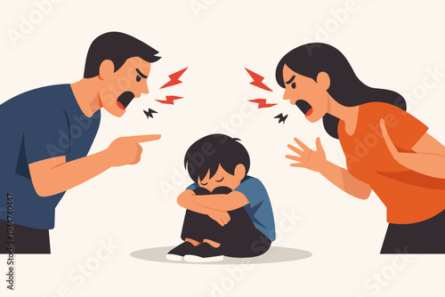 Angry Parents Yelling and Screaming at a Scared Little Boy Sitting on the Floor. Concept of Child Abuse, Domestic Violence, Toxic Parenting, and Childhood Trauma. Flat Vector Illustration.