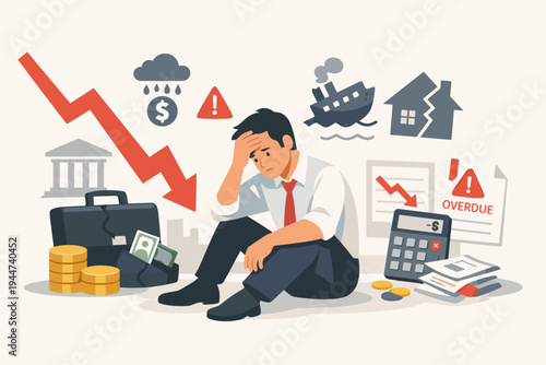 Stressed businessman sitting on the floor surrounded by financial crisis symbols like a downward red arrow, overdue bills, sinking ship, and broken house, representing bankruptcy and debt.