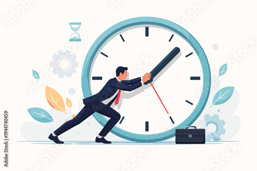 Businessman in a professional suit trying to stop or slow down time by pushing the hands of a giant clock, concept of deadline pressure, time management, stress, and urgency, flat vector style.