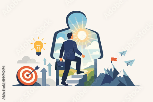 Businessman walking up stairs into his own silhouette towards a bright sun, representing self-realization, career success, and personal growth with target, idea bulb, and mountain peak symbols.