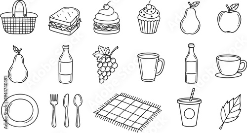 Collection of hand-drawn picnic and food icons in a simple line art style