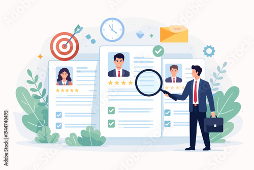 Businessman Employer Reviewing Job Applications and Resumes with Magnifying Glass for Recruitment and Hiring Process, Talent Acquisition and Human Resources Concept, Flat Vector Illustration