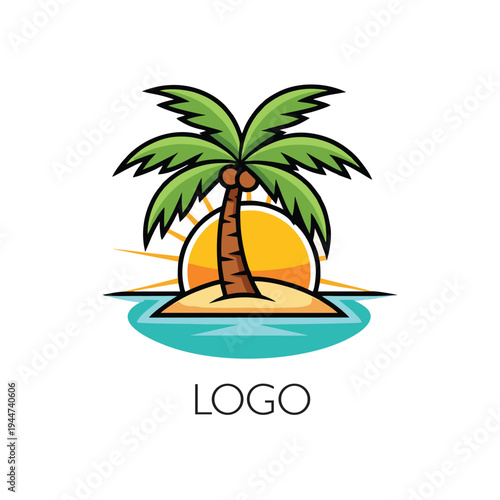 Tropical Island Logo - Minimalist Palm Tree with Sun and Sea for Travel, Vacation, and Summer Resort Branding