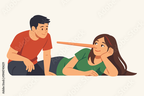 Flat vector illustration of a man watching a woman lying on the floor with a long nose, symbolizing a lie or deception. Concept of dishonesty, untruth, and fake stories in a relationship.