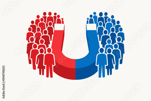 Vector Illustration of a Polarized Society with People Shapes Clustered Around a Red and Blue Horseshoe Magnet Representing Political Division Social Fragmentation and Ideological Partisanship