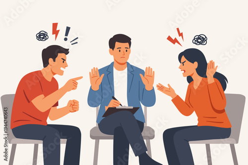 Angry couple having a fierce argument in a counseling session with a male therapist trying to mediate the conflict, flat vector illustration of relationship problems and marriage therapy.