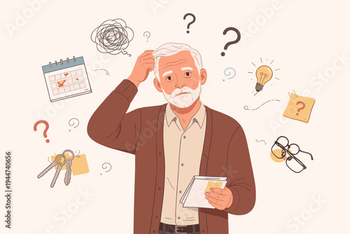 Senior Man Feeling Confused and Forgetful with Short Term Memory Loss Symptoms, Elderly Male with Dementia or Alzheimer's Disease, Flat Vector Illustration of Aging and Mental Health Concerns.