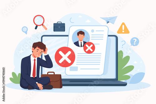 Frustrated Businessman Sitting Next to Laptop with Rejected Job Application and Red Cross Marks on CV, Sad Candidate Facing Unemployment and Career Setback Flat Vector Illustration Concept