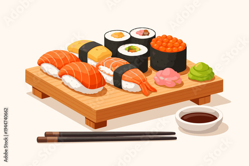 Vector illustration of a delicious sushi set on a wooden tray featuring salmon nigiri, shrimp, tamago, maki rolls, ikura gunkan, wasabi, ginger, soy sauce, and chopsticks on a light background.
