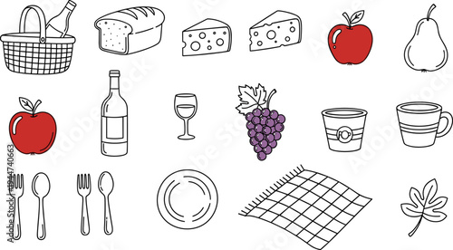 Hand-drawn picnic essentials including food, drinks, and accessories for outdoor dining