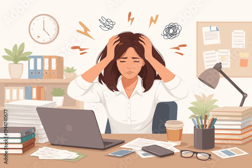 Stressed woman in office holding head in hands feeling overwhelmed by heavy workload. Flat vector illustration of female employee experiencing burnout at desk with laptop, papers, and coffee.