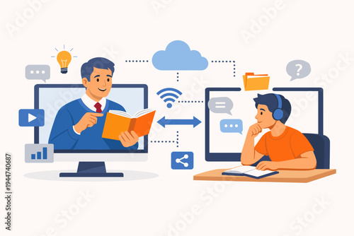 Online education vector illustration of a teacher sharing knowledge from a book with a student via computer network, virtual classroom, distance learning, e-learning technology, digital study.