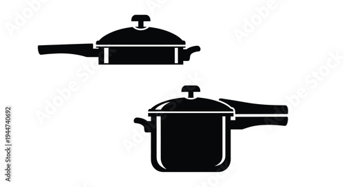 Two black cookware items displayed against a white background silhouette