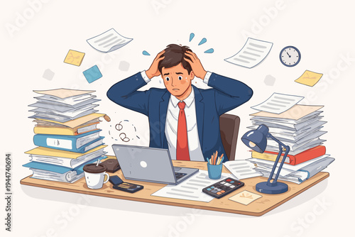 Stressed Businessman Overwhelmed by Workload at Messy Office Desk with Piles of Paperwork, Laptop, and Coffee, Feeling Desperate and Anxious, Flat Vector Illustration of Workplace Stress and Burnout.