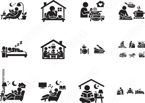 Minimalist daily routine icon set showing home life cooking eating reading resting activities vector.