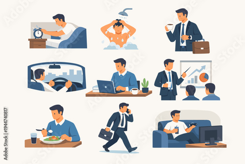 Businessman Daily Routine Vector Illustration Set Featuring Morning Wake Up, Shower, Coffee, Driving, Office Work, Business Presentation, Lunch, Walking with Briefcase, and Evening Relaxation.