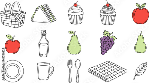Collection of picnic items and food illustrations in a simple doodle style