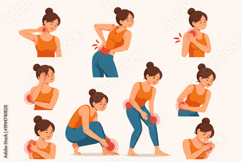 Vector Set of a Woman with Various Body Pains and Aches Including Neck, Back, Shoulder, Headache, Elbow, Knee, Ankle, Hip, and Chest Pain, Simple Flat Illustration for Medical Healthcare Design.