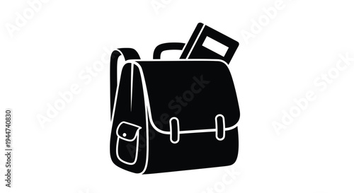 A black schoolbag with a book depicted as a striking silhouette