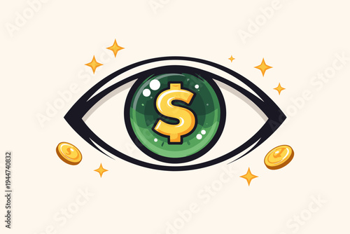 Greedy Eye with Dollar Sign in Pupil, Simple Flat Vector Illustration of an Eye Focused on Money, Wealth, and Profit, Featuring Gold Coins and Stars on a Light Background, Financial Vision Concept.